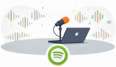 Illustration eines Laptops mit Mikrofon und Spotify-Icon